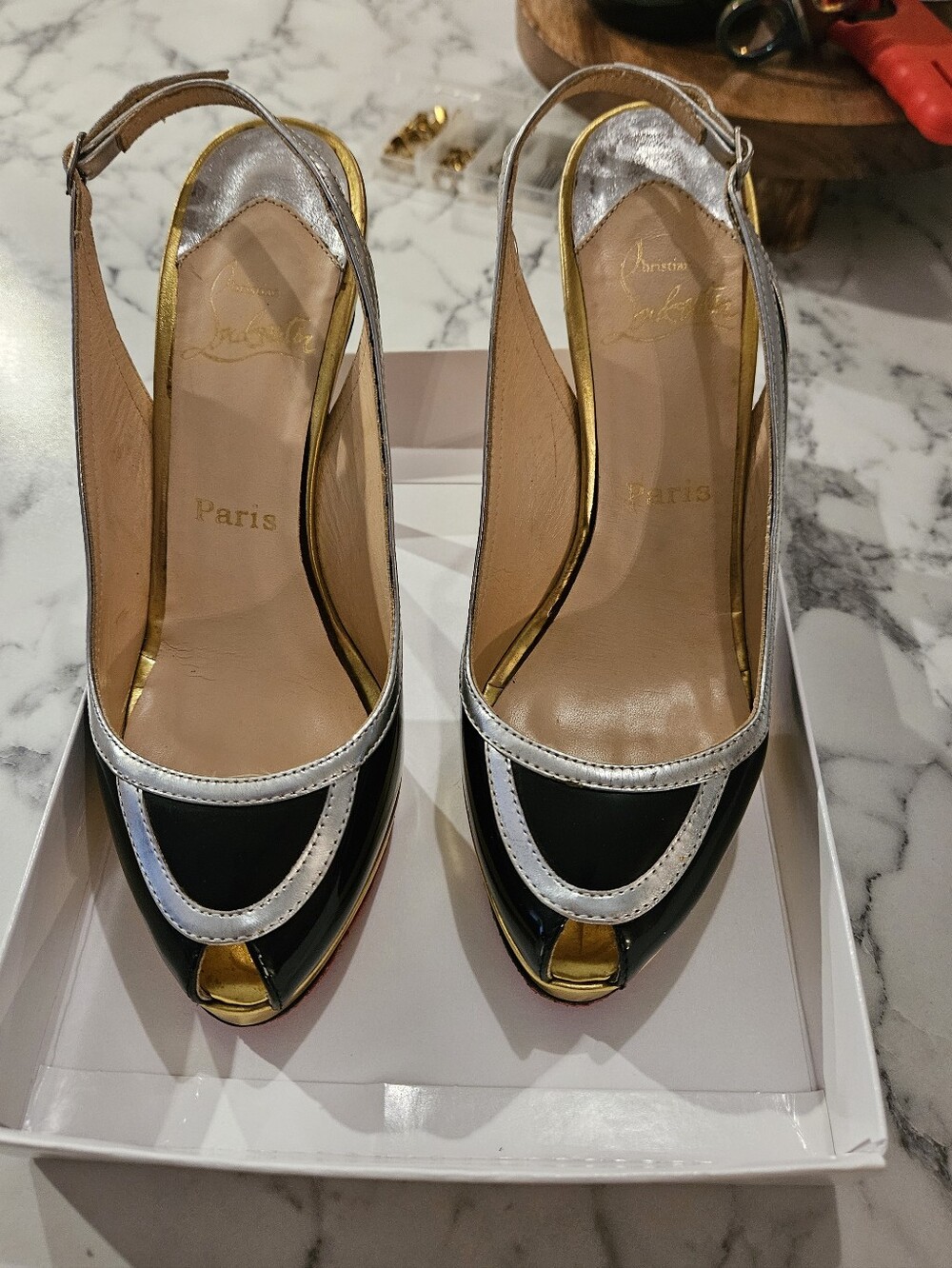 Christian Louboutin Black, Silver and Gold Peep-Toe Slingback Pumps